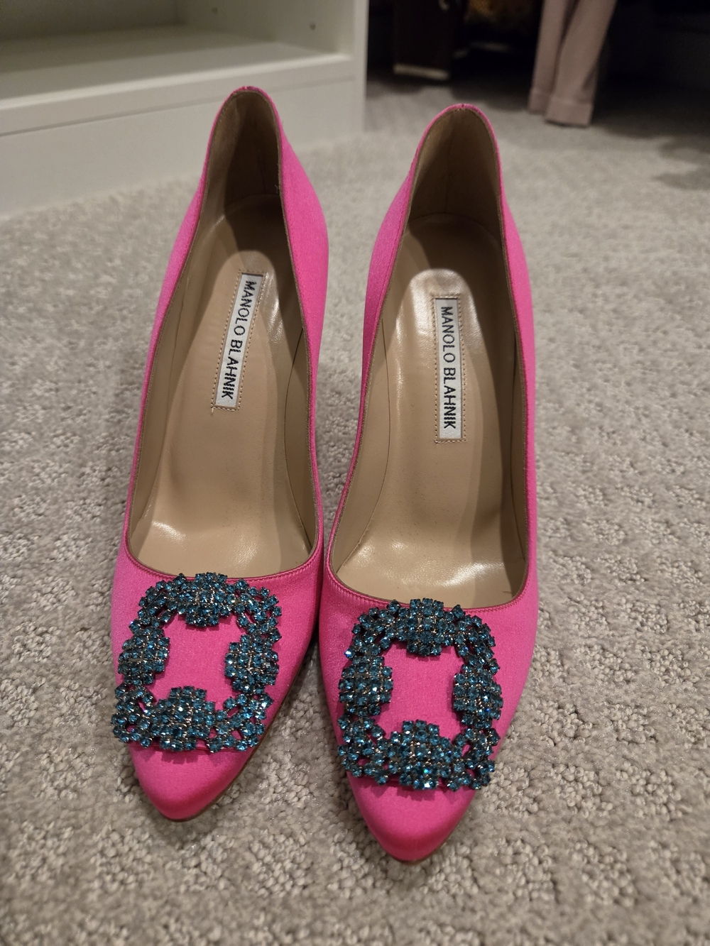 Manolo Blahnik Hot Pink Satin Pointed Pumps with Teal Crystal Buckles